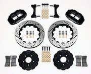 Wilwood black FNSL6R front brake kit with 14.00-inch drilled and slotted rotors, calipers and mounting components laid out