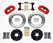 Wilwood red FNSL6R front brake kit with 14.00-inch slotted rotors, calipers and mounting components laid out