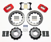 Wilwood red DPR-DS rear brake kit with 12.88-inch drilled and slotted rotors, calipers and mounting components laid out
