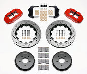 Wilwood red FNSL6R front brake kit with 14.00-inch drilled and slotted rotors, calipers and mounting components laid out