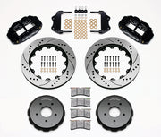 Wilwood black FNSL6R front brake kit with 14.00-inch drilled and slotted rotors, calipers and mounting components laid out