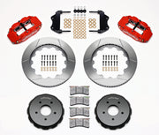 Wilwood red FNSL6R front brake kit with 14.00-inch slotted rotors, calipers and mounting components laid out