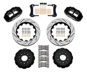 Wilwood black FNSL6R front brake kit with 14.00-inch drilled and slotted rotors, calipers and mounting components laid out