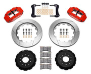 Wilwood red FNSL6R front brake kit with 14.00-inch slotted rotors, calipers and mounting components laid out