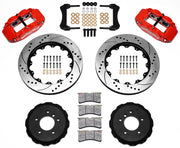 Wilwood red FNSL6R front brake kit with 14.00-inch drilled and slotted rotors, calipers and mounting components laid out