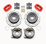 Wilwood red FDLI rear brake kit with 12.19-inch drilled and slotted rotors, calipers and mounting components laid out