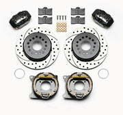 Wilwood black FDLI rear brake kit with 12.19-inch drilled and slotted rotors, calipers and mounting components laid out