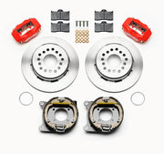 Wilwood red FDLI rear brake kit with 12.19-inch plain rotors, calipers and mounting components laid out