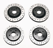 Wilwood Corvette four-rotor package, two front and two rear dimpled and slotted one-piece rotors laid out