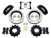 Wilwood black TC6R rear brake kit with 16.00-inch drilled and slotted rotors, calipers and mounting components laid out
