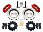 Wilwood red TC6R rear brake kit with 16.00-inch slotted rotors, calipers and mounting components laid out