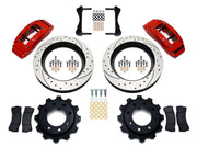 Wilwood red TC6R rear brake kit with 16.00-inch drilled and slotted rotors, calipers and mounting components laid out