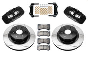 Wilwood black AERO4 rear brake kit with 14.25-inch slotted rotors, calipers and mounting components laid out