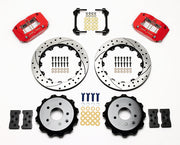 Wilwood red DPR-DS rear brake kit with 12.88-inch drilled and slotted rotors, calipers and mounting components laid out