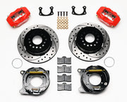 Wilwood red FDLI rear brake kit with 12.19-inch drilled and slotted rotors, calipers and mounting components laid out