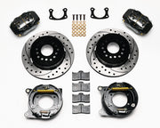 Wilwood black FDLI rear brake kit with 12.19-inch drilled and slotted rotors, calipers and mounting components laid out