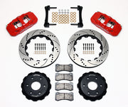 Wilwood red AERO6 front brake kit with 14.25-inch drilled and slotted rotors, calipers and mounting components laid out