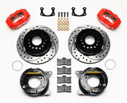Wilwood red FDLI rear brake kit with 12.19-inch drilled and slotted rotors, calipers and mounting components laid out