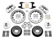 Wilwood polished FNSL6R front brake kit with 12.88-inch drilled and slotted rotors, calipers and mounting components laid out