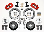 Wilwood red FNSL6R front brake kit with 12.88-inch drilled and slotted rotors, calipers and mounting components laid out
