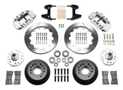 Wilwood polished FNSL6R front brake kit with 12.88-inch slotted rotors, calipers and mounting components laid out
