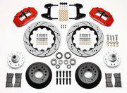Wilwood red FNSL6R front brake kit with 14.00-inch drilled and slotted rotors, calipers and mounting components laid out