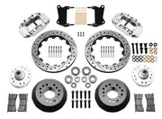 Wilwood polished FNSL6R front brake kit with 12.88-inch drilled and slotted rotors, calipers and mounting components laid out