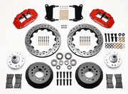 Wilwood red FNSL6R front brake kit with 12.88-inch drilled and slotted rotors, calipers and mounting components laid out