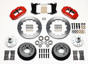 Wilwood red FNSL6R front brake kit with 12.88-inch slotted rotors, calipers and mounting components laid out