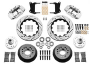 Wilwood polished FNSL6R front brake kit with 14.00-inch drilled and slotted rotors, calipers and mounting components laid out