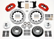 Wilwood red FNSL6R front brake kit with 14.00-inch drilled and slotted rotors, calipers and mounting components laid out