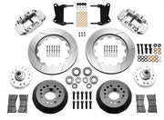 Wilwood polished FNSL6R front brake kit with 14.00-inch slotted rotors, calipers and mounting components laid out