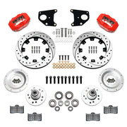 Wilwood red FDLI front brake kit with 12.19-inch drilled and slotted rotors, calipers and mounting components laid out