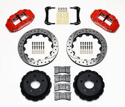 Wilwood red FNSL4R rear brake kit with 12.88-inch drilled and slotted rotors, calipers and mounting components laid out
