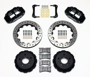 Wilwood black FNSL4R rear brake kit with 12.88-inch drilled and slotted rotors, calipers and mounting components laid out