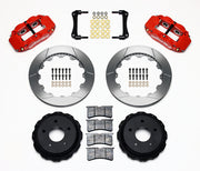 Wilwood red FNSL4R rear brake kit with 12.88-inch slotted rotors, calipers and mounting components laid out
