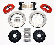 Wilwood red FNSL6R front brake kit with 13.06-inch slotted rotors, calipers and mounting components laid out