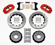 Wilwood red FNSL6R front brake kit with 14.00-inch drilled and slotted rotors, calipers and mounting components laid out
