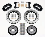 Wilwood black FNSL6R front brake kit with 14.00-inch drilled and slotted rotors, calipers and mounting components laid out