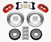 Wilwood red FNSL6R front brake kit with 14.00-inch slotted rotors, calipers and mounting components laid out