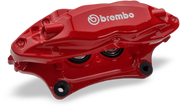 Brembo 4-Piston Alloy Caliper Restoration. Brembo calipers done right means Brembo brakes done the PMB way. Brembo is the leader in painted calipers.  PMB restores them right. Stripped with anodizing retained. Factory seals. 4-step paint, branding and replated hardware. Have your Brembo brake calipers restored right.