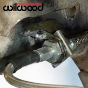 Wilwood axle-mounted weld tab and brake-line fitting, alternate installation view