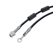 Wilwood Audi A3 hose-end detail showing a banjo eye, threaded socket and black sleeves