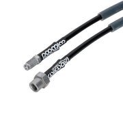 Wilwood X5 front connector close-up showing male and female ends on sleeved hoses