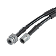 Wilwood Porsche 911 2.7/2.7S/3.0 front hose kit, close view of black-covered hoses with differently shaped silver female unions