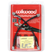 Porsche 911 2.7/2.7S/3.0 rear hose pair: Wilwood retail package displaying the two rear brake hoses against a red backing card