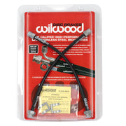 Porsche 930 Turbo 3.0/3.3 rear brake hoses: Wilwood retail package displaying the two rear brake hoses against a red backing card