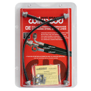 Selected Porsche 911 Carrera 2/4, SC and Turbo front hose applications: Wilwood retail package displaying the two front brake hoses against a red backing card