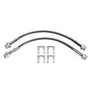 Selected Porsche 911 Carrera 2/4, SC and Turbo front hose applications: Two black-covered front brake hoses with four retaining clips arranged separately