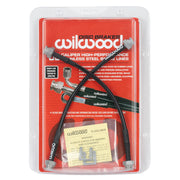 Selected Porsche 911 Carrera 2/4, SC and Turbo rear hose applications: Wilwood retail package displaying the two rear brake hoses against a red backing card